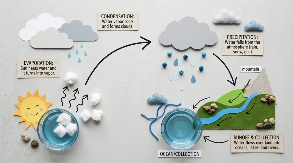 A flat lay infographic depicting the water cycle