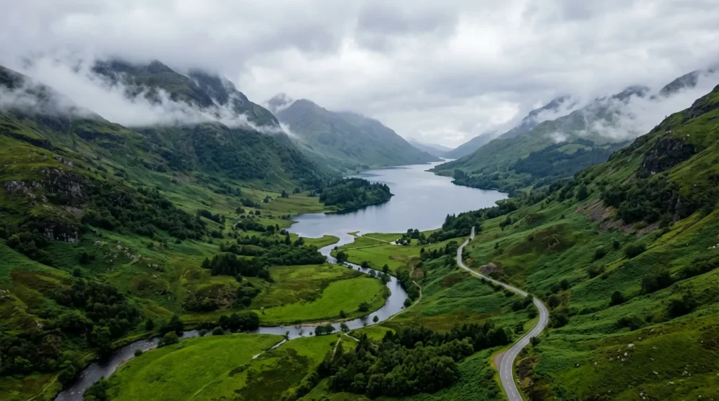 Misty panoramic aerial shot of a verdant valley