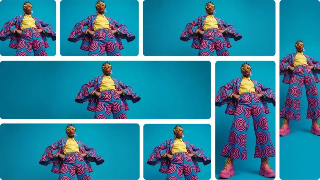 A vibrant pop-art style image of an individual in a striking suit with blue swirling patterns and pink circles, wearing heart-shaped sunglasses, posed against a solid cerulean blue background, in different aspect ratios Highly stylized pop-art fashion portrait in different aspect ratio